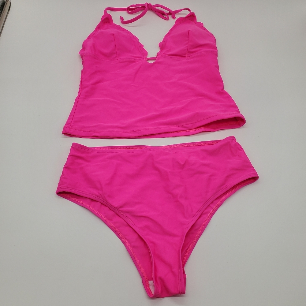 Tankini Swim Suit Hot Pink Scalloped Edge Size Small